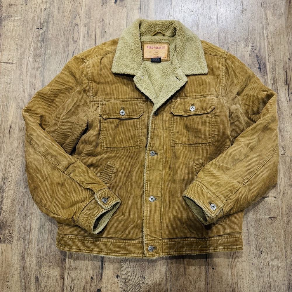 Aeropostale Mens Medium Tan Corduroy Sherpa Lined Trucker Jacket Beige Coat